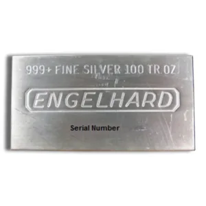 Engelhard 100 oz silver bar featuring 999+ fine silver purity and a serial number, ideal for investors and collectors.