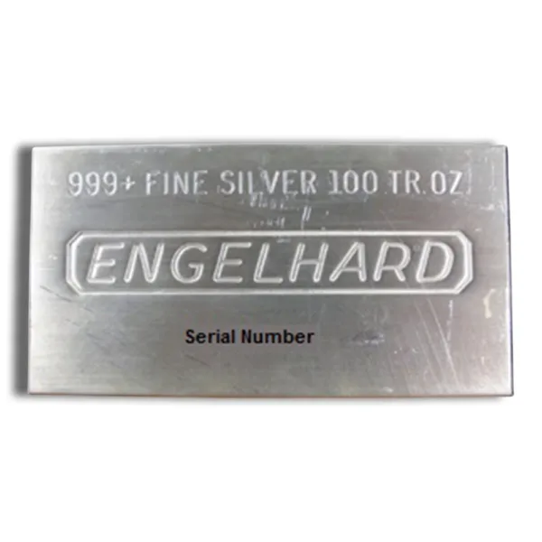 Engelhard 100 oz silver bar featuring 999+ fine silver purity and a serial number, ideal for investors and collectors.