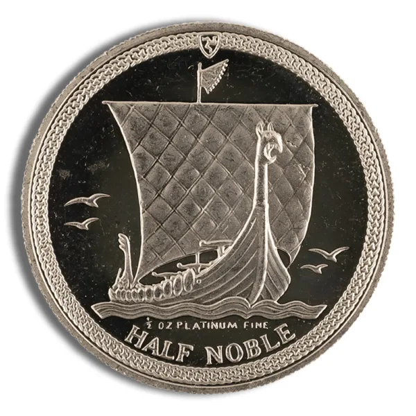 Silver coin featuring a Viking ship design, labeled "Half Noble," with intricate detailing and a black background. Ideal for collectors and enthusiasts of historical currency.