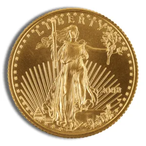 Gold American Eagle coin featuring Lady Liberty, symbolizing freedom and prosperity, with a detailed design and radiant background. Ideal for collectors and investors.