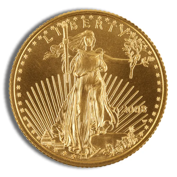 Gold American Eagle coin featuring Lady Liberty, symbolizing freedom and prosperity, with a detailed design and radiant background. Ideal for collectors and investors.