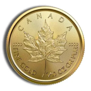 Gold Canadian Maple Leaf coin featuring a detailed maple leaf design, inscribed with "Canada" and "Fine Gold 1/10 oz."