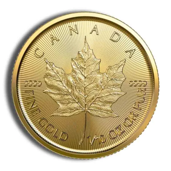 Gold Canadian Maple Leaf coin featuring a detailed maple leaf design, inscribed with "Canada" and "Fine Gold 1/10 oz."