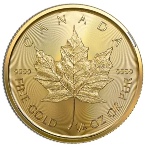 Canadian gold coin featuring a maple leaf design, labeled "Canada," with details indicating it is 1/4 oz of fine gold, purity marked as .9999.