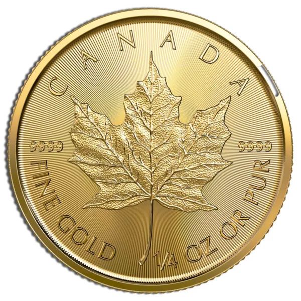 Canadian gold coin featuring a maple leaf design, labeled "Canada," with details indicating it is 1/4 oz of fine gold, purity marked as .9999.