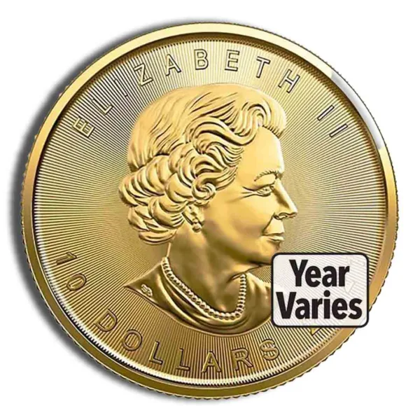 Gold coin featuring a profile of Queen Elizabeth II, valued at 10 dollars, with a note indicating that the year of minting varies.
