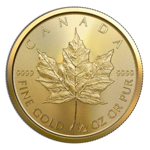 Gold Canadian Maple Leaf coin featuring a detailed maple leaf design, marked with "9999 Fine Gold" and "1/2 oz or pur" to indicate its purity and weight.