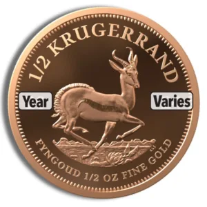 Half Krugerrand gold coin featuring a springbok antelope design, weighing 1/2 oz of fine gold, with varying years of minting.