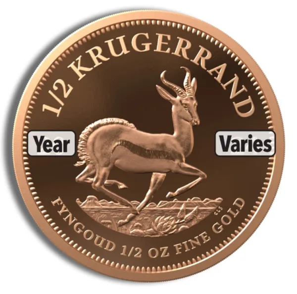 Half Krugerrand gold coin featuring a springbok antelope design, weighing 1/2 oz of fine gold, with varying years of minting.