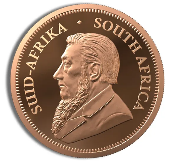 Copper coin featuring a profile of a historical figure, inscribed with "SUID-AFRIKA" and "SOUTH AFRICA," representing South African currency and heritage.