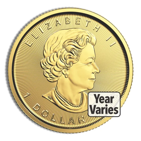 Gold coin featuring the profile of Queen Elizabeth II, marked with "1 Dollar," with the year of minting varying.