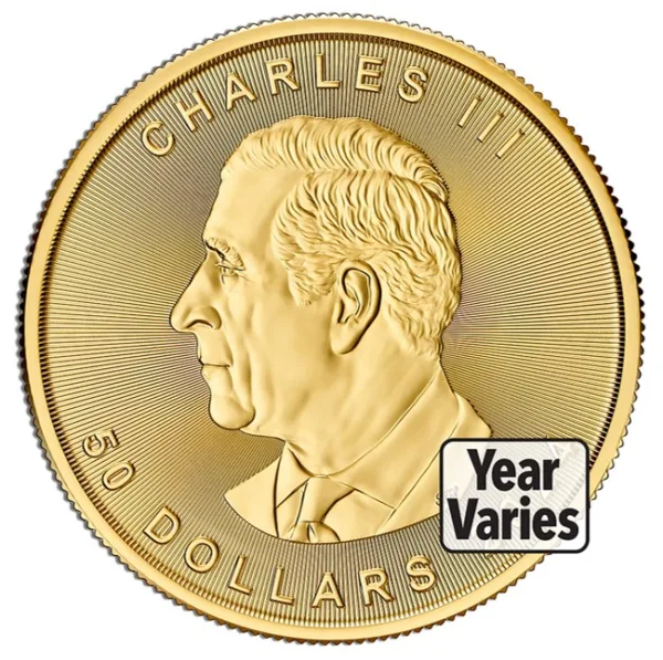 Gold coin featuring the profile of Charles III, marked with a value of 30 dollars, with a label indicating that the year varies.