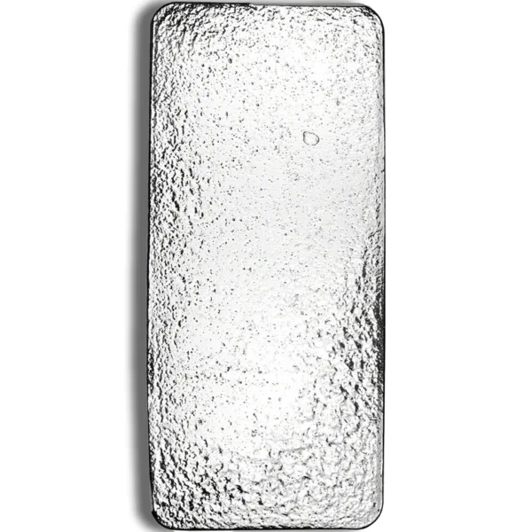 Silver bullion bar with a textured surface, showcasing its high purity and weight, ideal for investment and collectors.