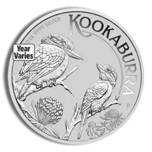 Silver Kookaburra coin featuring two kookaburra birds perched on branches, designed for collectors and investors, showcasing intricate details and varying annual designs.