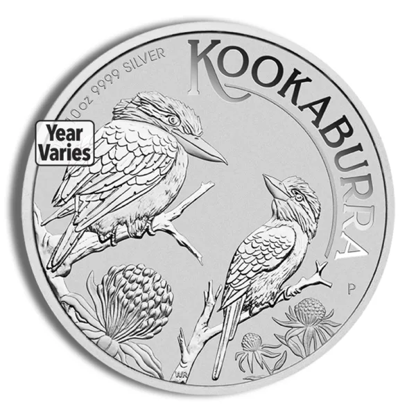 Silver Kookaburra coin featuring two kookaburra birds perched on branches, designed for collectors and investors, showcasing intricate details and varying annual designs.