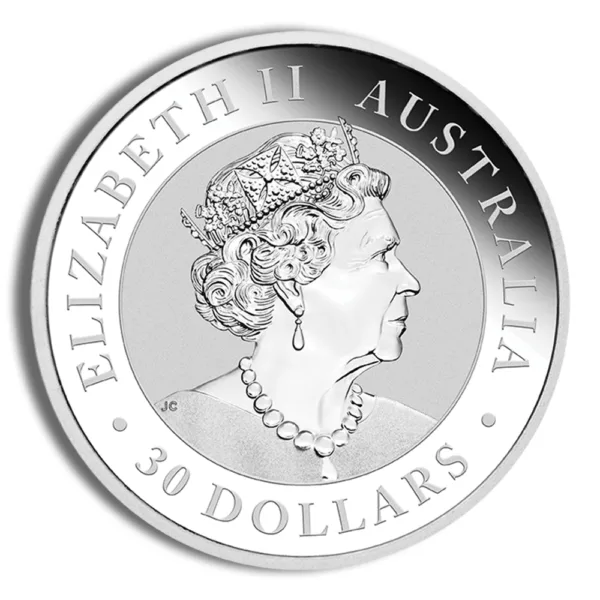 Silver coin featuring a profile of Queen Elizabeth II, marked with "Australia" and "30 Dollars," representing Australian currency and commemorative coinage.