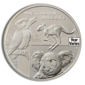 Australian silver coin featuring iconic wildlife designs, including a kookaburra, kangaroo, and koala, with the inscription "Year Varies" indicating limited mintage.