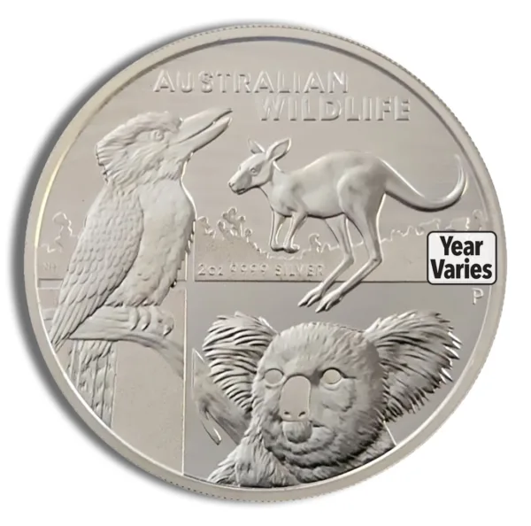 Australian silver coin featuring iconic wildlife designs, including a kookaburra, kangaroo, and koala, with the inscription "Year Varies" indicating limited mintage.
