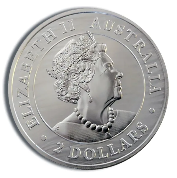 Silver Australian two-dollar coin featuring a profile of Queen Elizabeth II, inscribed with "Elizabeth II Australia" and the denomination.