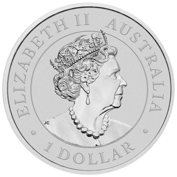 Silver Australian one dollar coin featuring a profile of Queen Elizabeth II, inscribed with "Elizabeth II Australia" and "1 Dollar."