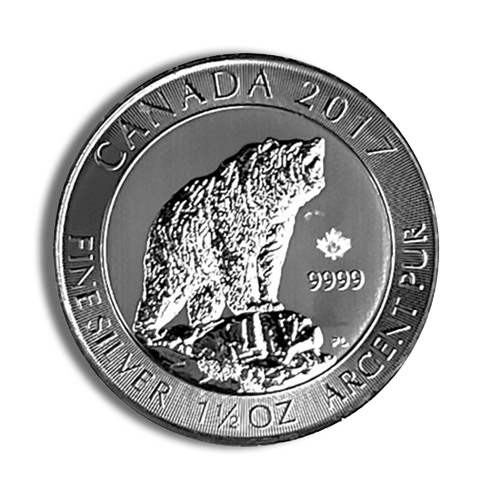 Silver coin from Canada, minted in 2017, featuring a bear design. The coin is made of 1/4 oz of fine silver with a purity of 9999.