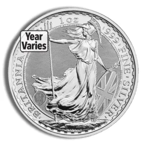 Silver Britannia coin featuring a detailed depiction of Britannia, marked as 1 oz of .999 fine silver, with the year varying.