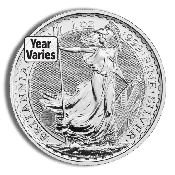 Silver Britannia coin featuring a detailed depiction of Britannia, marked as 1 oz of .999 fine silver, with the year varying.