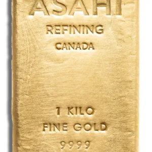 Gold bullion bar from Asahi Refining, Canada, weighing 1 kilogram and stamped with "9999" for fine gold purity.