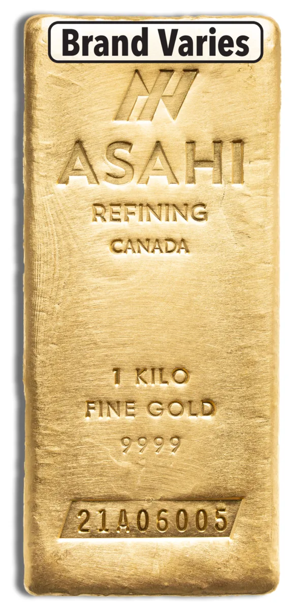 Gold bullion bar from Asahi Refining, Canada, weighing 1 kilogram and stamped with "9999" for fine gold purity.