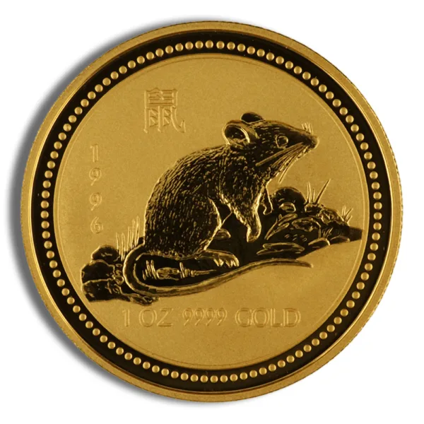 Gold coin featuring a detailed engraving of a rat sitting on a branch, symbolizing the Year of the Rat in the Chinese zodiac.