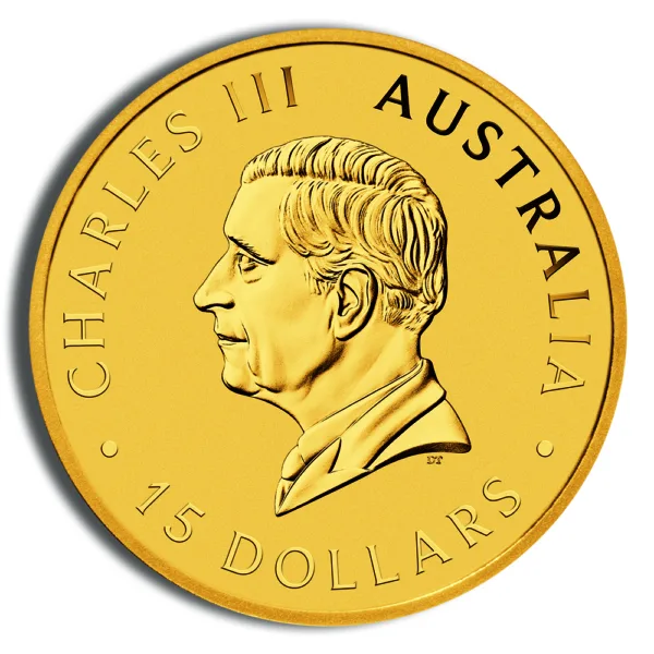 Gold coin featuring the profile of Charles III, inscribed with "Australia" and "15 Dollars."