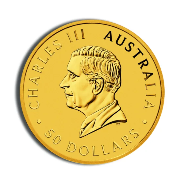 Golden 50-dollar coin featuring the profile of Charles III, minted in Australia, showcasing intricate detailing and inscriptions.