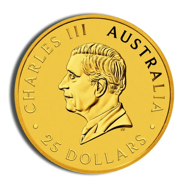 Gold coin featuring the profile of Charles III, inscribed with "Australia" and "25 Dollars."