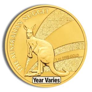 Australian Nugget gold coin featuring a kangaroo design, with the inscription "The Australian Nugget" and varying year of minting.