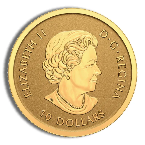 Gold Canadian coin featuring a profile of Queen Elizabeth II, inscribed with "Elizabeth II D.G. Regina" and the denomination "10 Dollars."