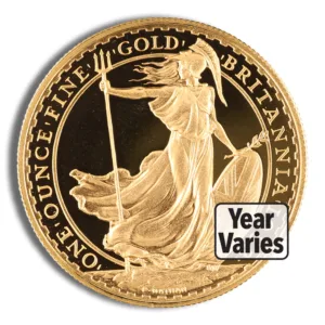 One-ounce gold Britannia coin featuring a depiction of Britannia, symbolizing strength and resilience, with the inscription "One Ounce Fine Gold" and a label indicating that the year may vary.