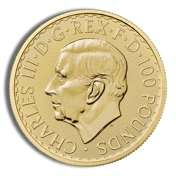 Gold coin featuring the profile of King Charles III, inscribed with "Charles III D.G. Rex F.D. 100 Pounds." The coin is a commemorative piece, showcasing detailed craftsmanship and design elements typical of British currency.