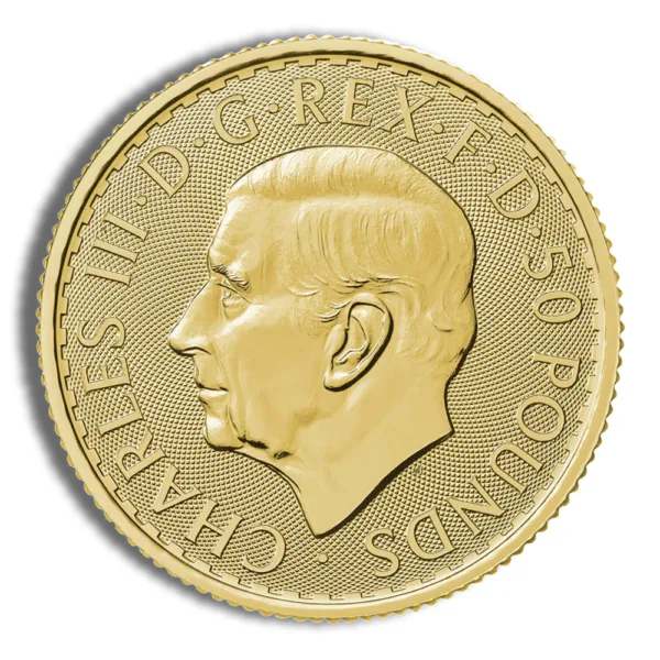 Gold coin featuring the profile of King Charles III, inscribed with "D.G. Rex" and "50 Pounds."