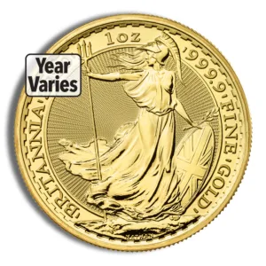 Gold Britannia coin featuring a depiction of Britannia, 1 oz fine gold, with varying years of minting.