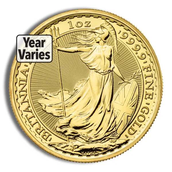 Gold Britannia coin featuring a depiction of Britannia, 1 oz fine gold, with varying years of minting.