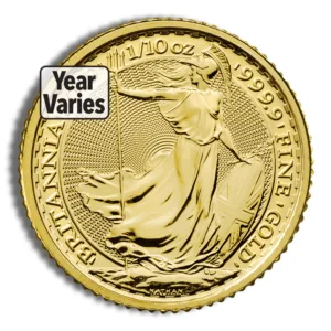 Gold Britannia coin featuring a depiction of Britannia holding a trident and shield, made of 1/10 oz 999.9 fine gold, design year varies.