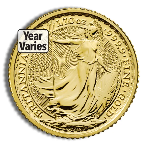 Gold Britannia coin featuring a depiction of Britannia holding a trident and shield, made of 1/10 oz 999.9 fine gold, design year varies.