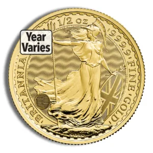 Gold Britannia coin featuring a depiction of Britannia, weighing 1/2 oz and made of 999.9 fine gold, with varying year of minting.