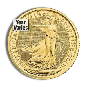Gold Britannia coin, 1/4 oz, 999.9 fine gold, featuring the iconic Britannia design, year varies.