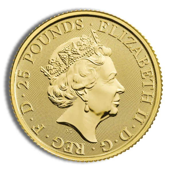 Gold 25-pound coin featuring a profile of Queen Elizabeth II, showcasing intricate details of her crown and earrings, symbolizing British currency and heritage.
