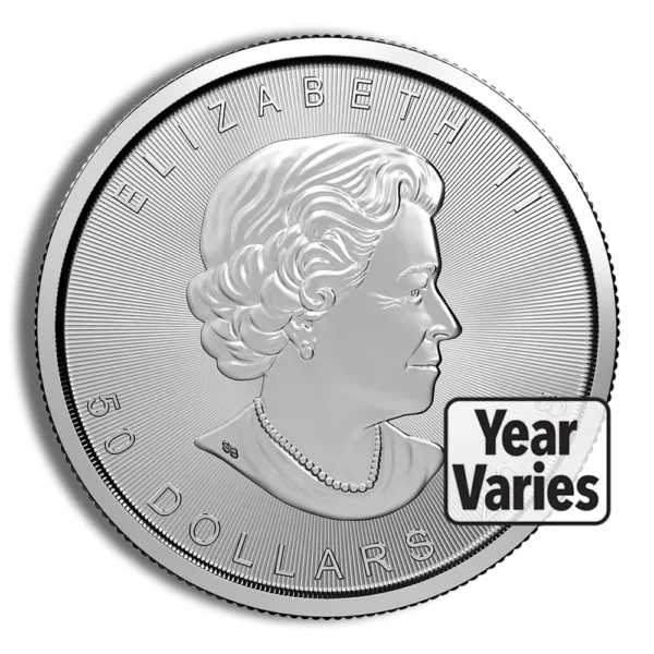 Silver coin featuring a profile of Queen Elizabeth II with the inscription "50 DOLLARS" and the note "Year Varies." Ideal for collectors and investors in precious metals.