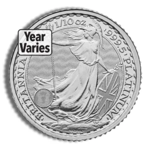 Platinum Britannia coin featuring the iconic design of Lady Britannia, weighing 1 ounce, with the year of minting varying.