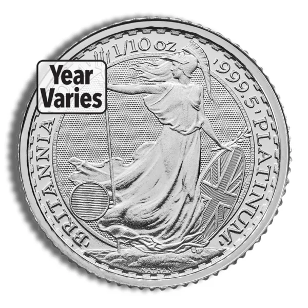Platinum Britannia coin featuring the iconic design of Lady Britannia, weighing 1 ounce, with the year of minting varying.