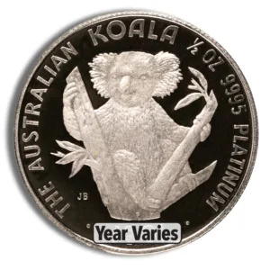 Australian Koala platinum coin featuring a koala holding a branch, ½ oz, 9995 purity, design varies by year.