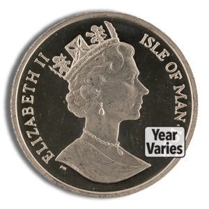 Isle of Man coin featuring the profile of Queen Elizabeth II, showcasing intricate detailing and inscriptions, with the year of minting varying.